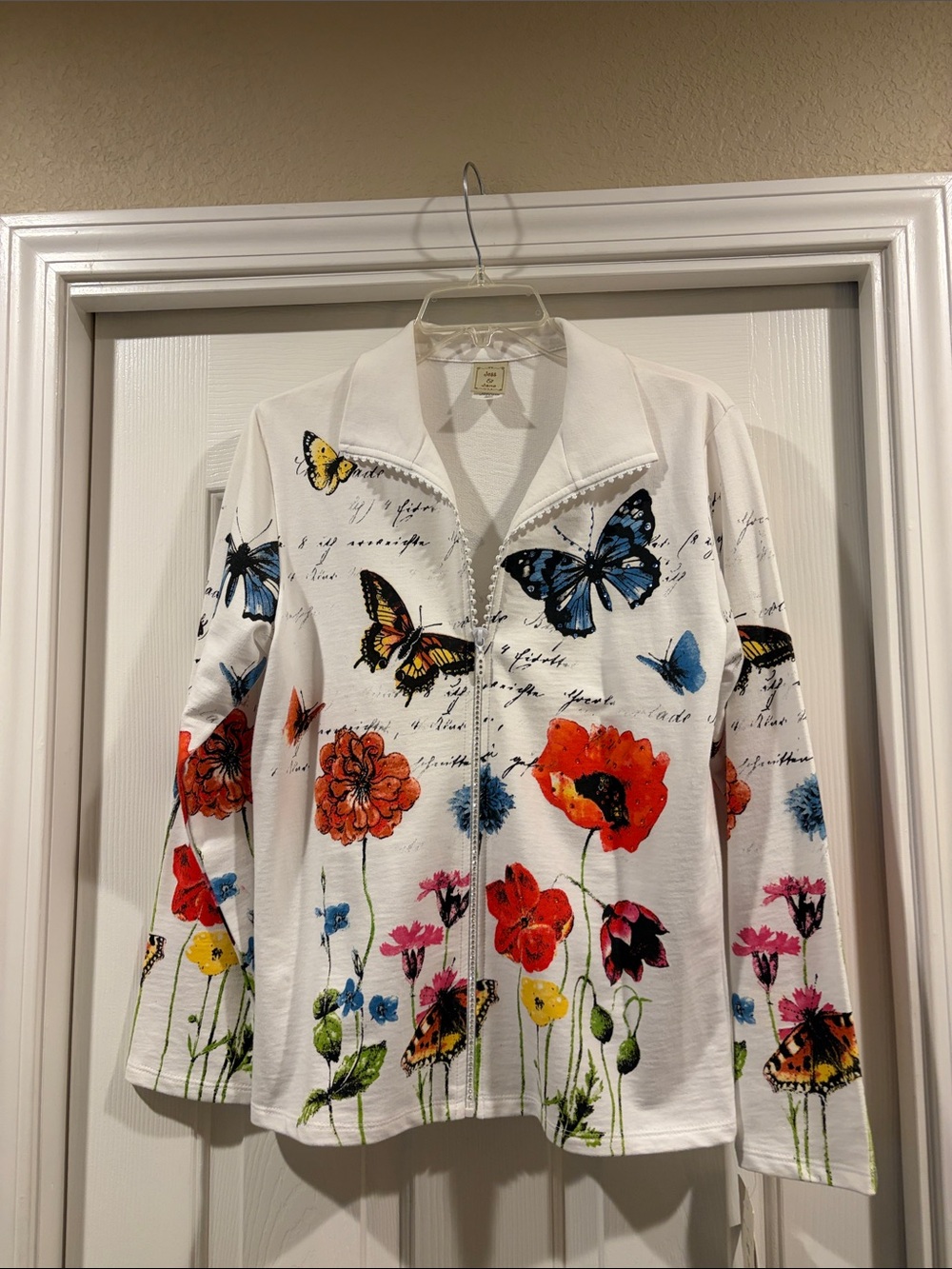 Jess & Jane White Floral & Butterfly Zip Jacket lightweight size S NWT - Picture 2 of 7